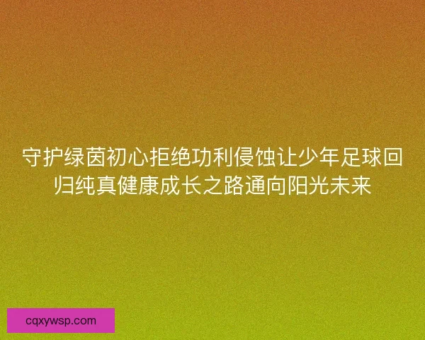 守护绿茵初心拒绝功利侵蚀让少年足球回归纯真健康成长之路通向阳光未来